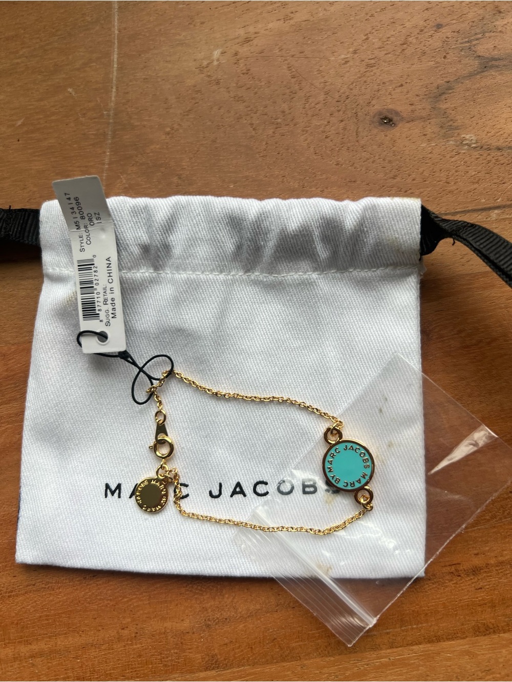 Marc Jacobs Gold Chain Bracelet with Turquoise Logo Charm